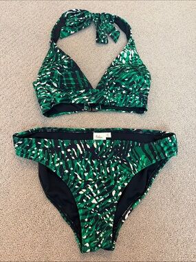 Boden Women’s Green Patterned Tie Halter Bikini Set - Top Sz 4 / Bottom Sz 6